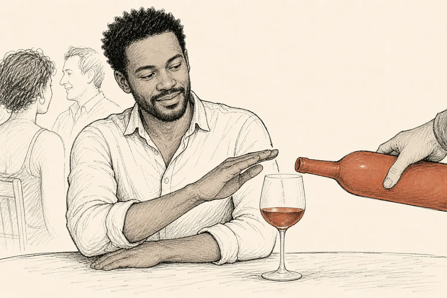 A man gently raises his hand over a wine glass to decline a refill at a social gathering.