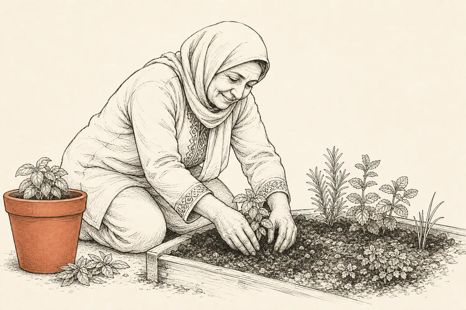 An older woman kneels at a raised garden bed and settles an herb plant into the soil beside a terracotta pot.