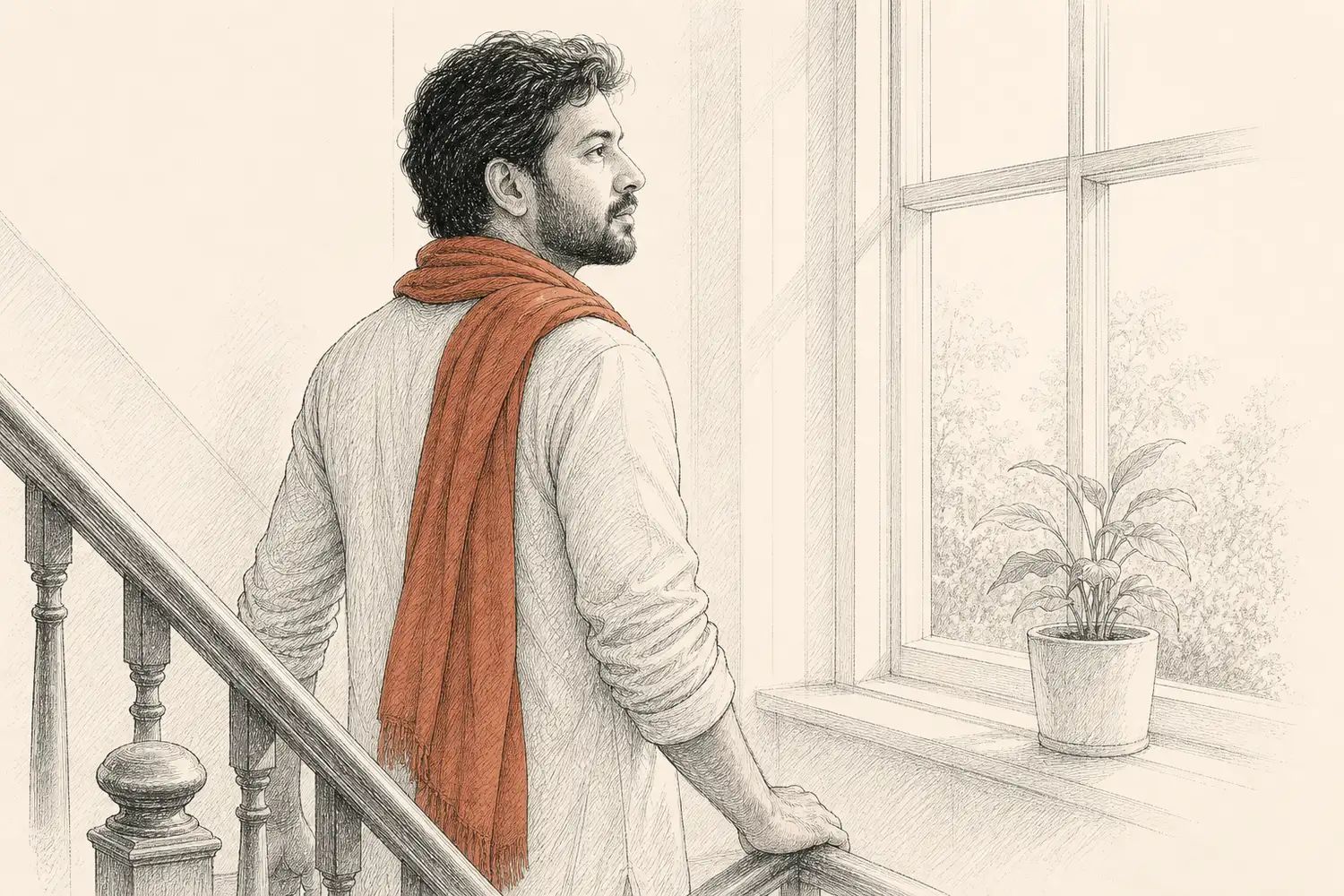 A man in a terracotta scarf pauses at a stairwell window with one hand on the rail.