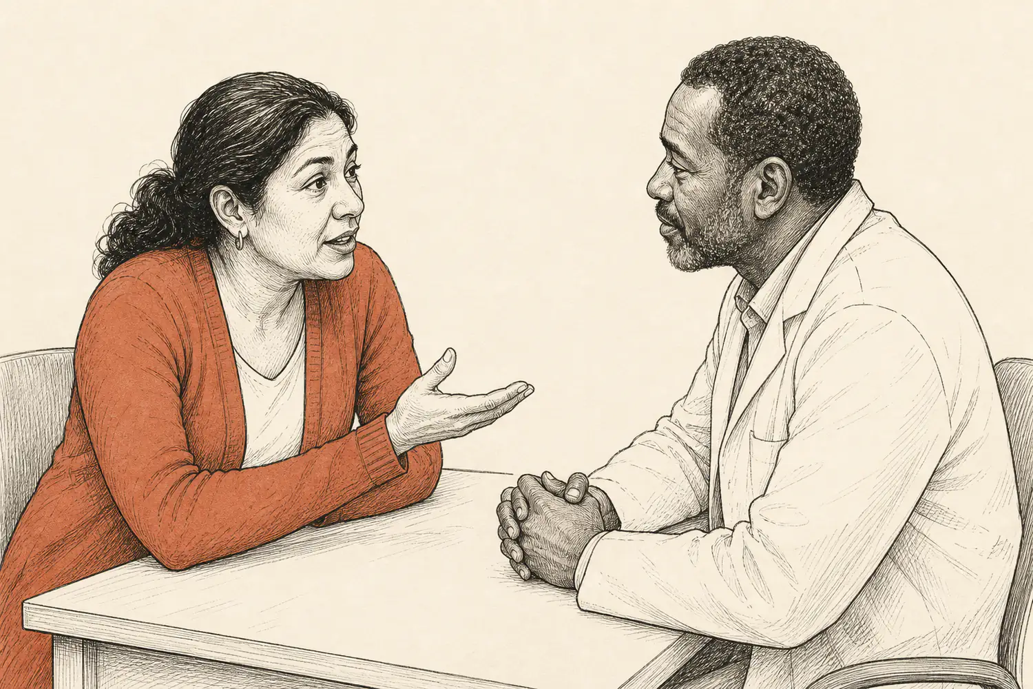 A patient in a terracotta cardigan leans forward and asks a clinician a question across a desk.