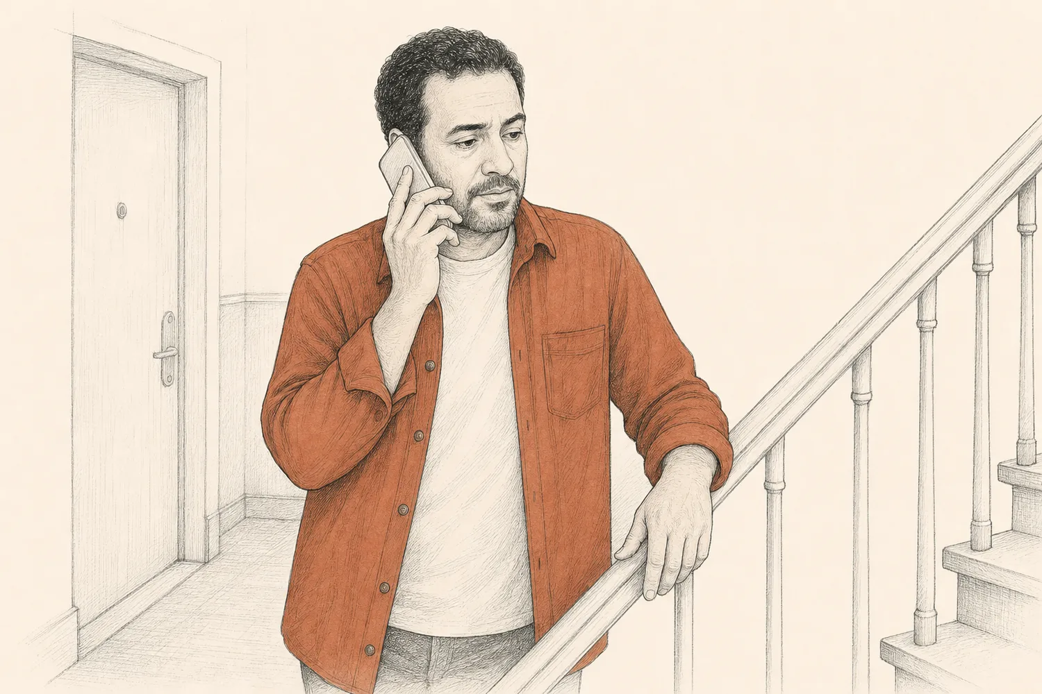 A man listens on the phone at an apartment landing with one hand resting on the stair rail.