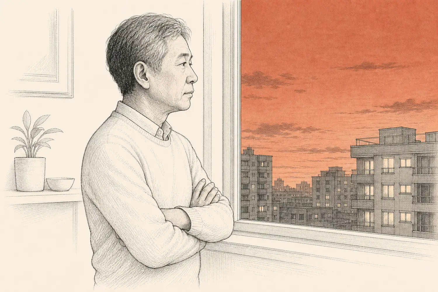 A man stands with loosely crossed arms at a window overlooking a terracotta dusk sky.