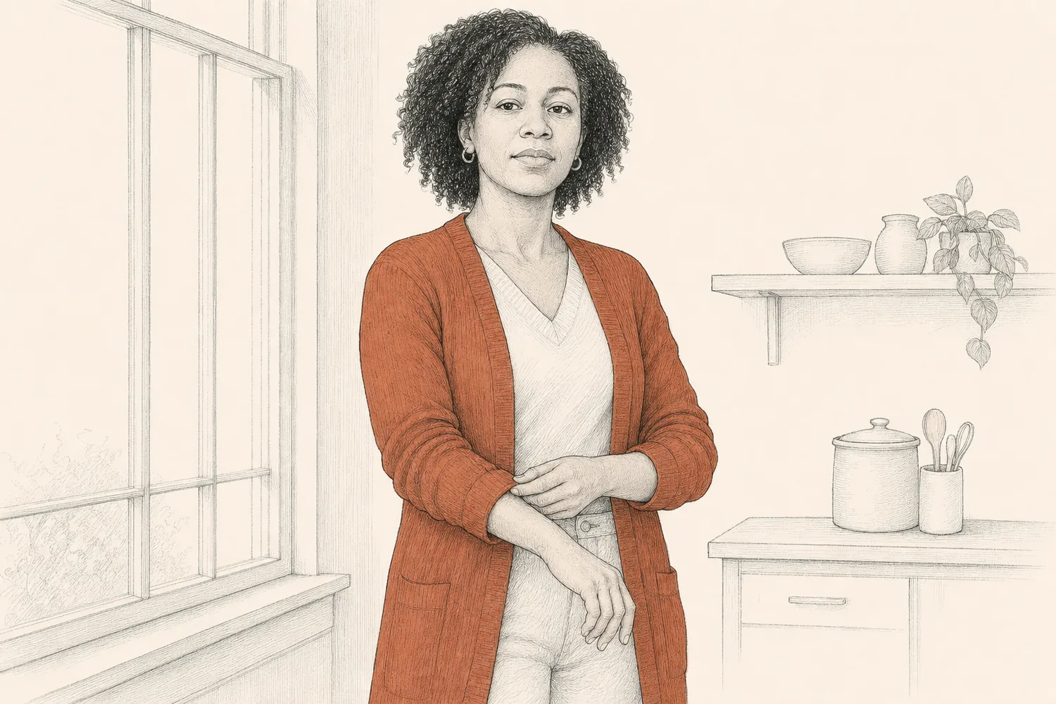 A woman stands with quiet self-possession by a window while smoothing one sleeve cuff.