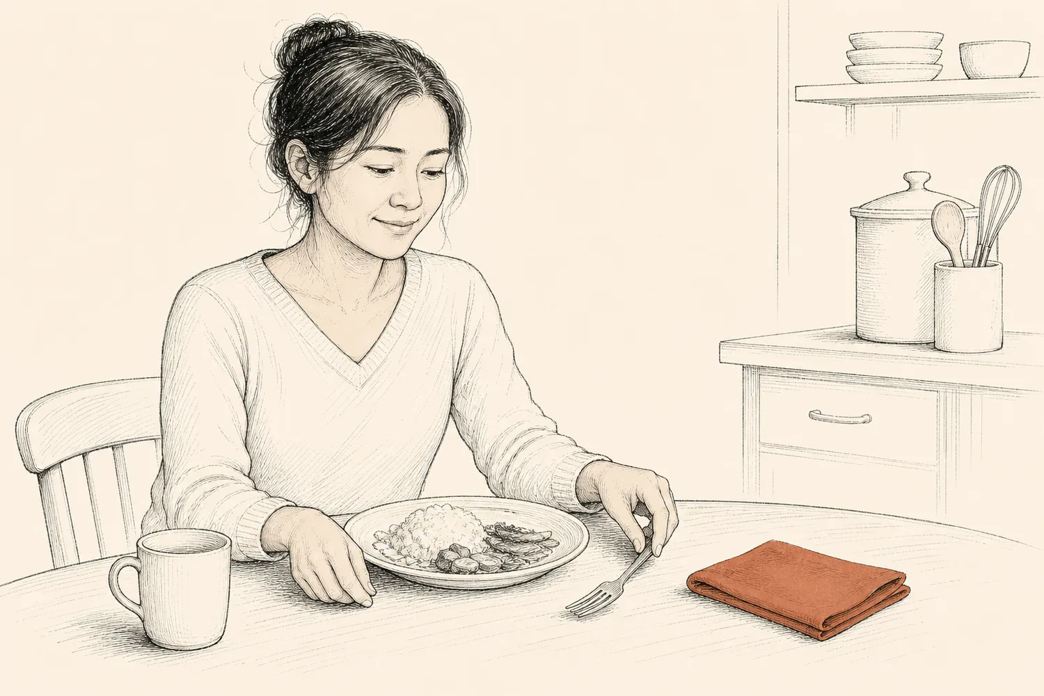 A woman sets down her fork beside a modest plate, calmly satisfied before finishing the meal.