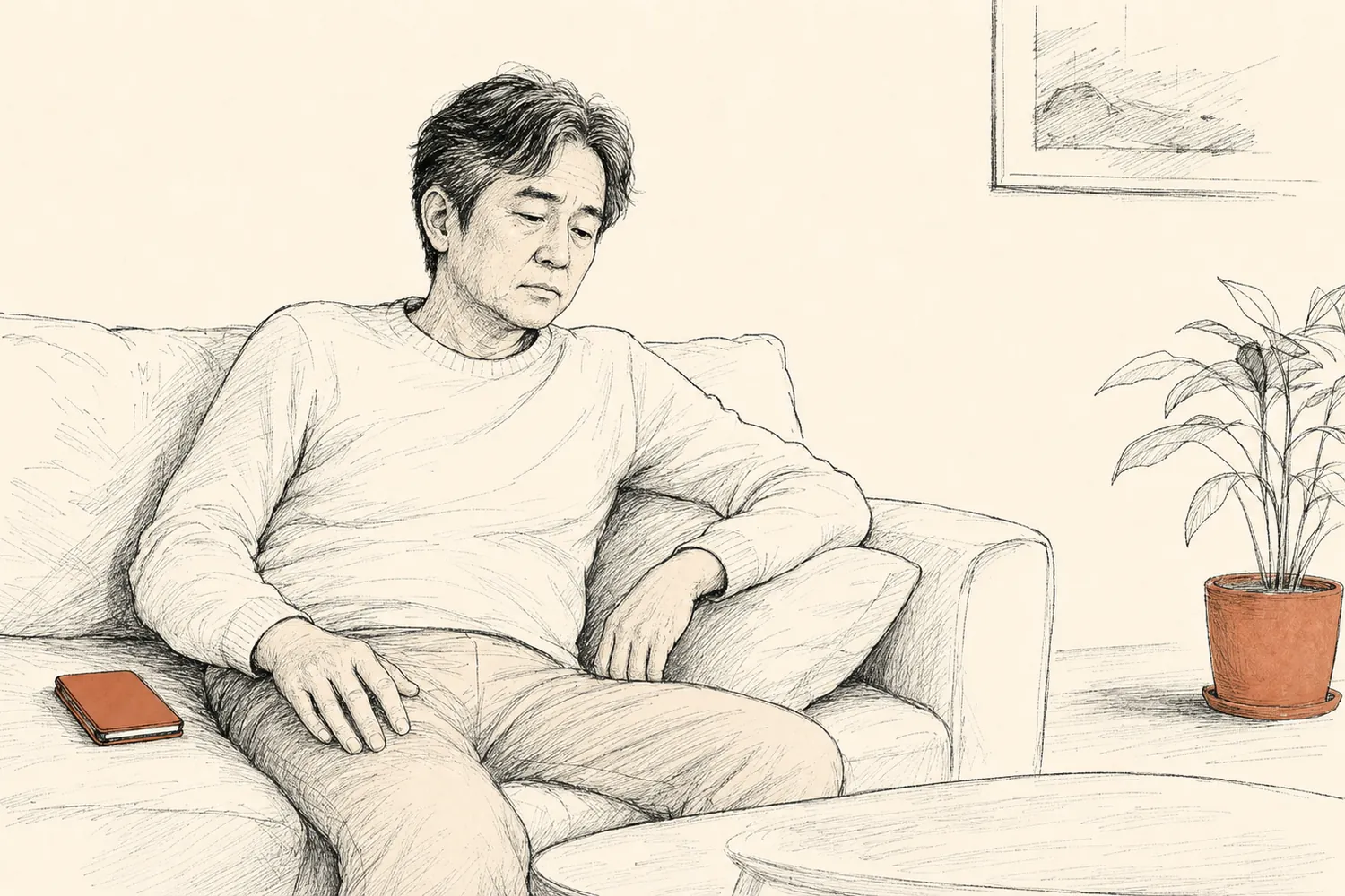 A tired middle-aged man sits low on a couch with a phone set down beside him.