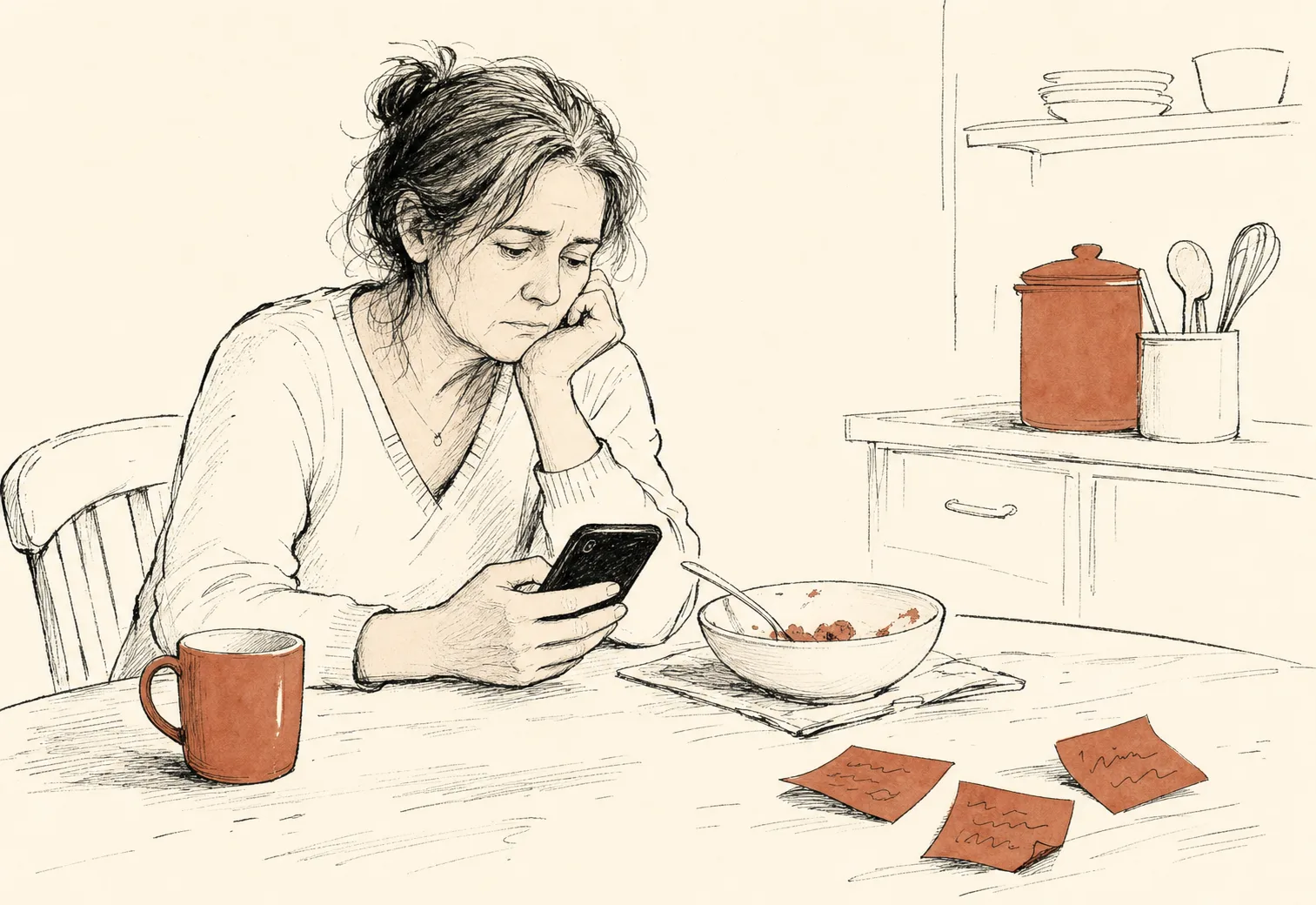 A woman looks at her phone beside a half-finished bowl while handwritten notes cover the kitchen table.