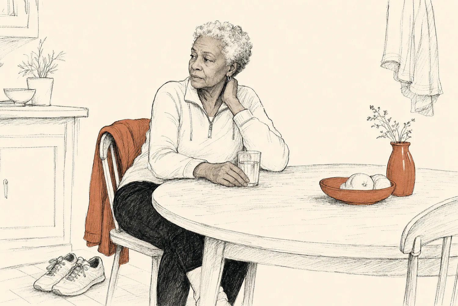 An older woman pauses at a kitchen table after a walk, with her shoes nearby and one hand beside a glass of water.