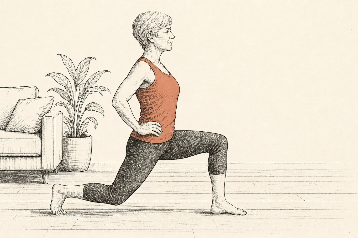 A woman in a terracotta top performs a focused bodyweight lunge in her living room.