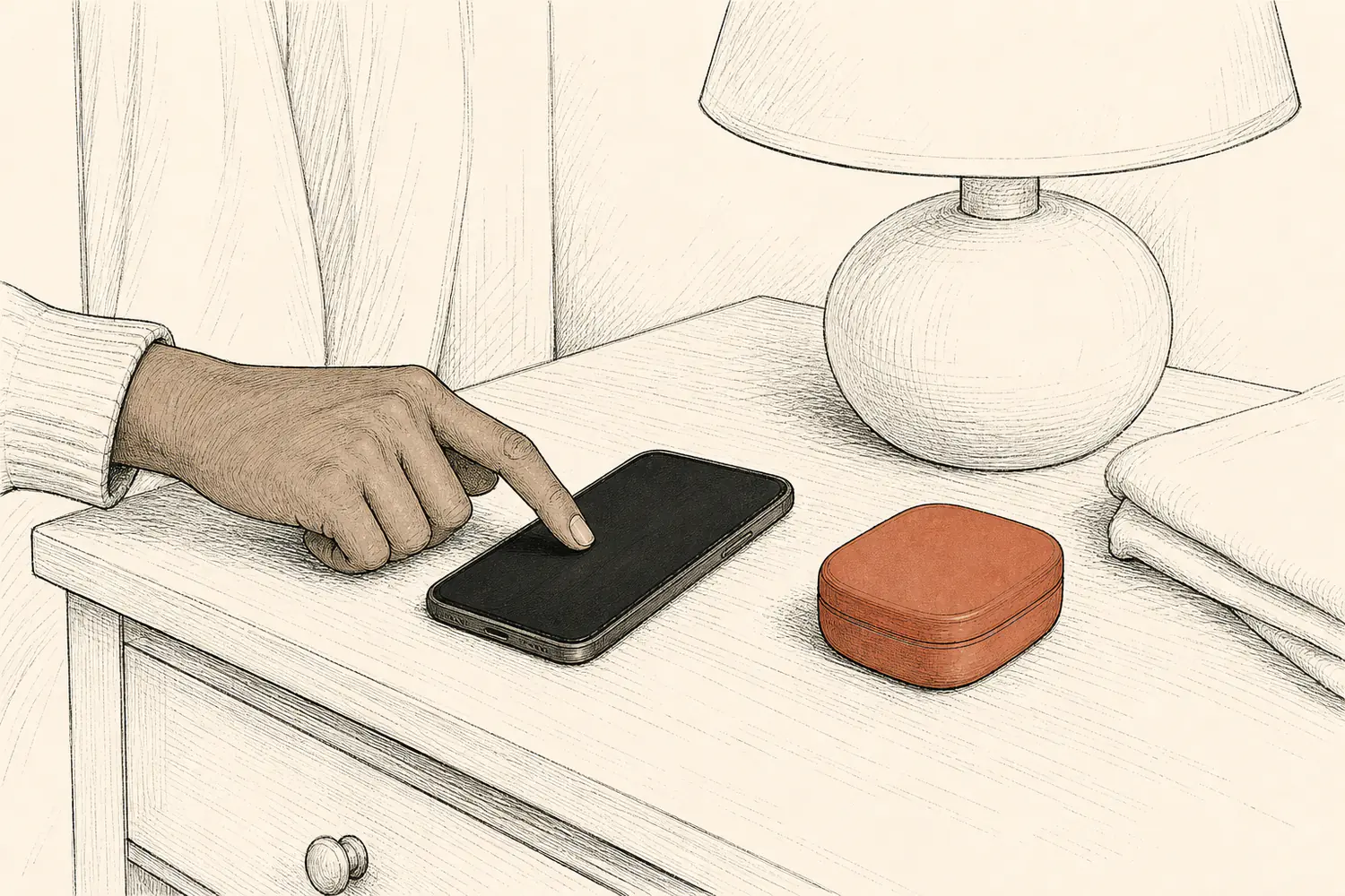 A hand taps a blank phone beside a closed personal case on a nightstand.