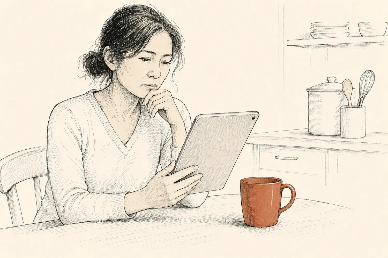 A woman thoughtfully reads a tablet at a kitchen table beside a terracotta mug.