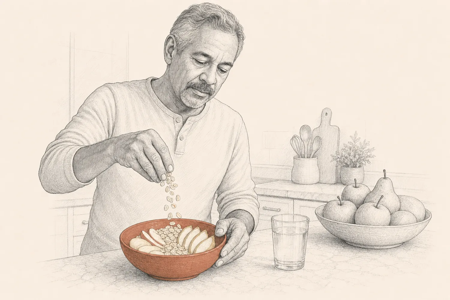 A man prepares a bowl of oats and sliced fruit at a kitchen counter beside a glass of water.