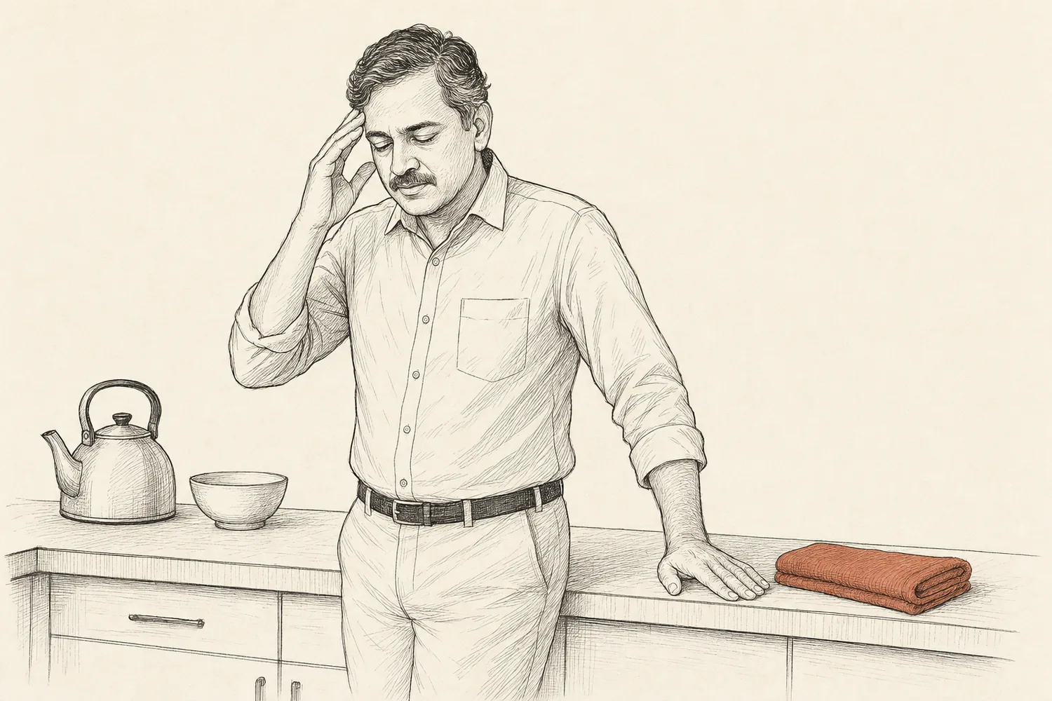 A man pauses with one hand at his temple and the other steadying him against a kitchen counter.