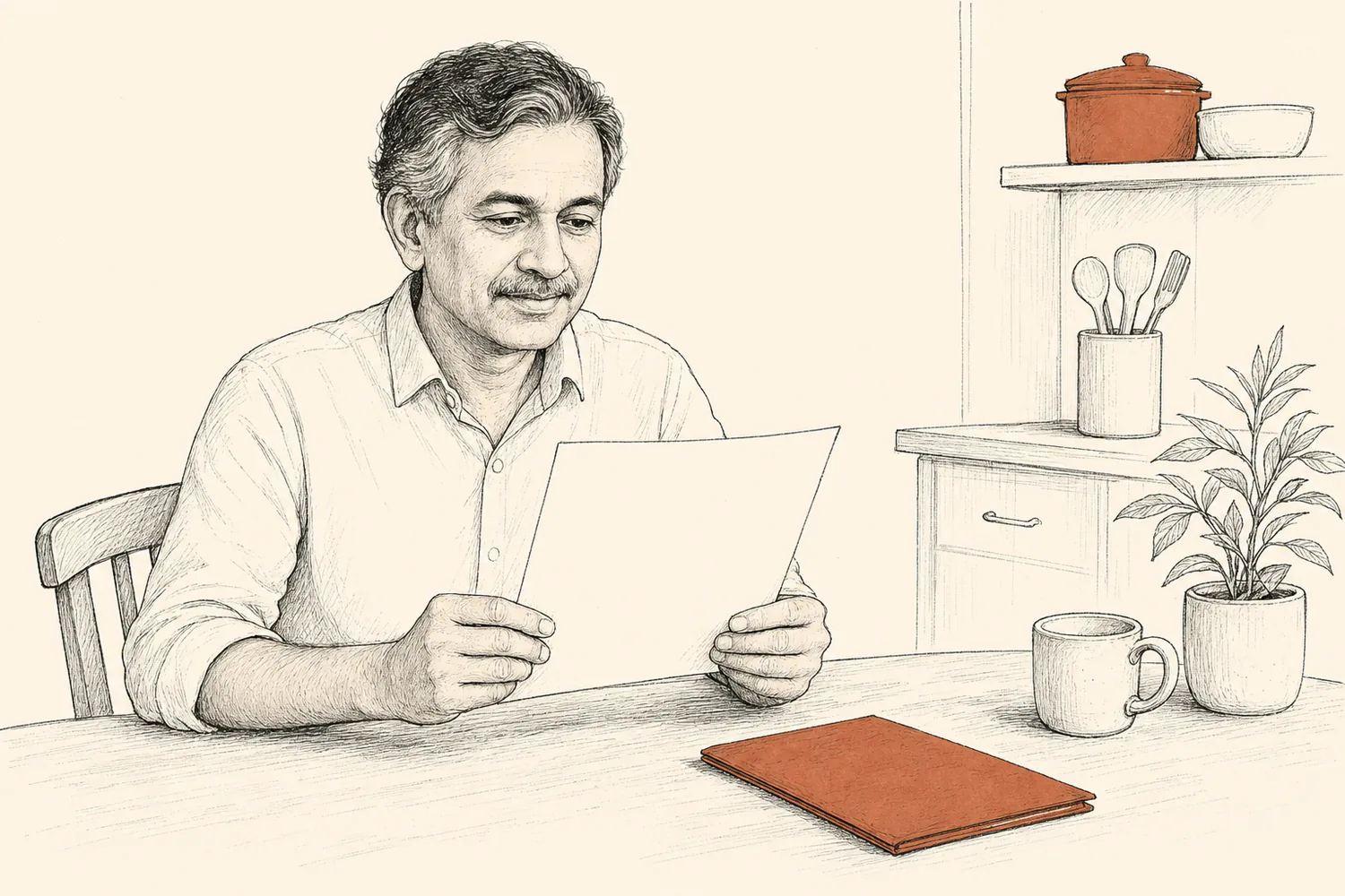 A man calmly reads a blank results sheet at a kitchen table with a closed folder nearby.