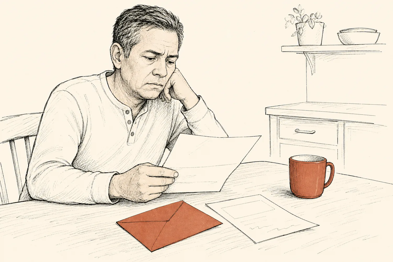 A worried middle-aged man reads a letter at his table, with an envelope and bill nearby.