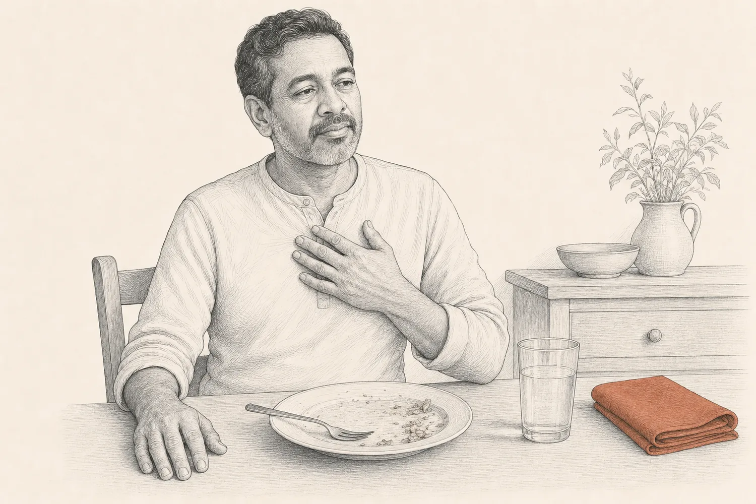 A man sits upright after a meal with one hand resting lightly on his upper chest.