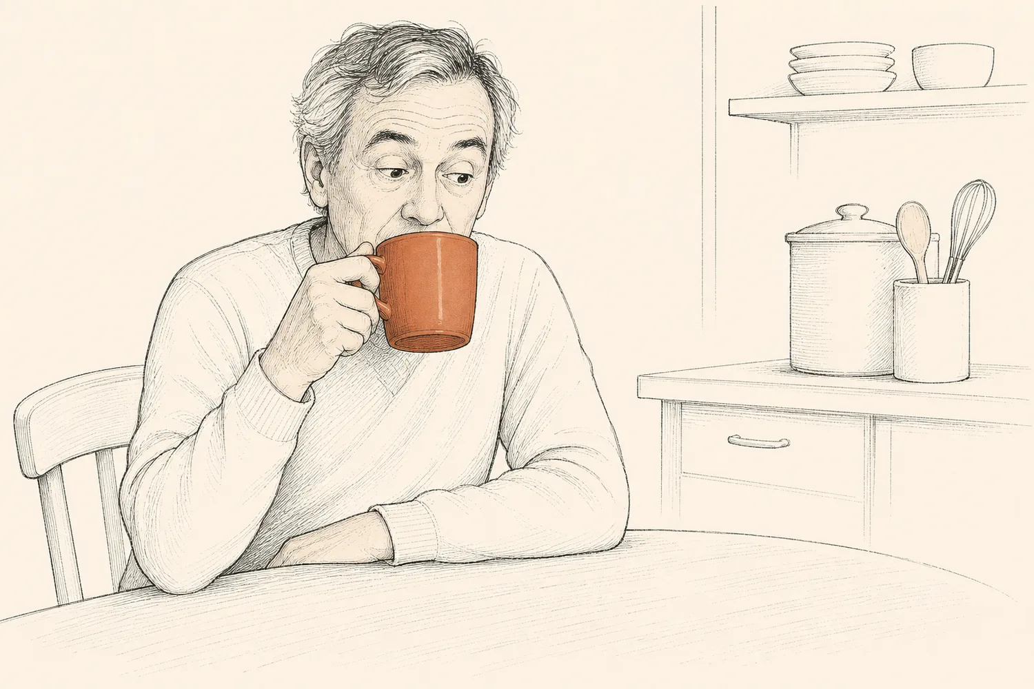 An older man pauses mid-sip from a terracotta mug with a mildly puzzled expression.