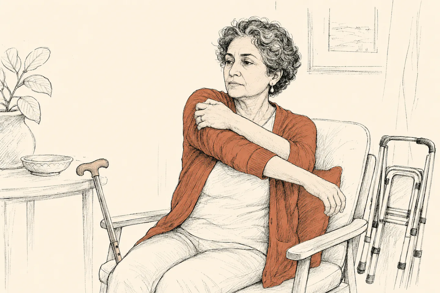 A seated woman does a gentle shoulder movement with a cane and walking frame within reach.