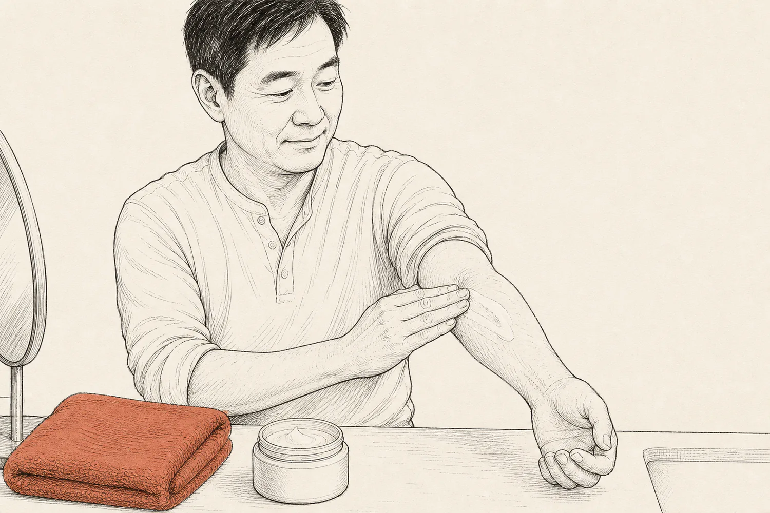 A man calmly applies moisturizer to his forearm at a bathroom counter beside a terracotta towel.
