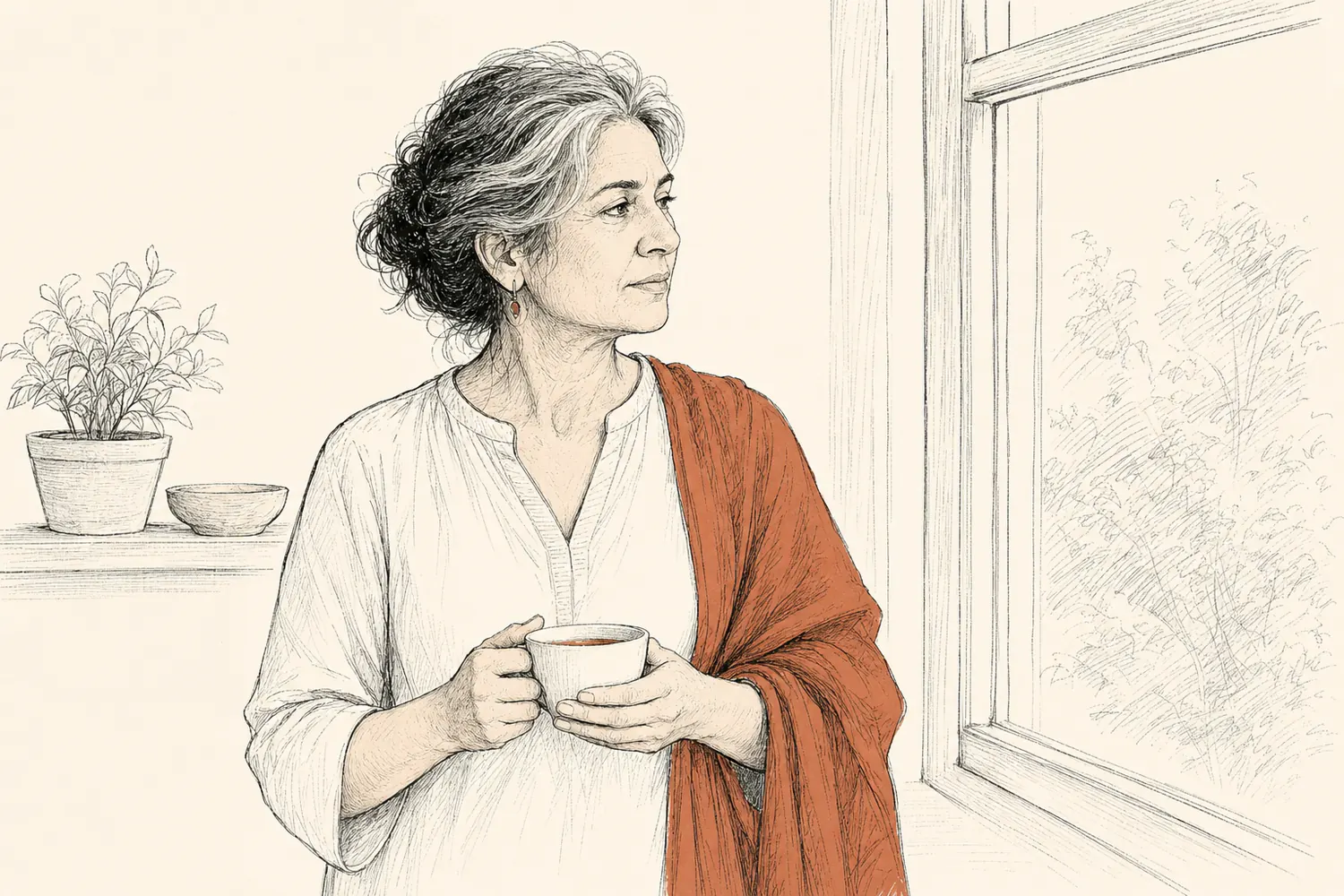A silver-haired woman holds a cup of tea while looking thoughtfully out a window.