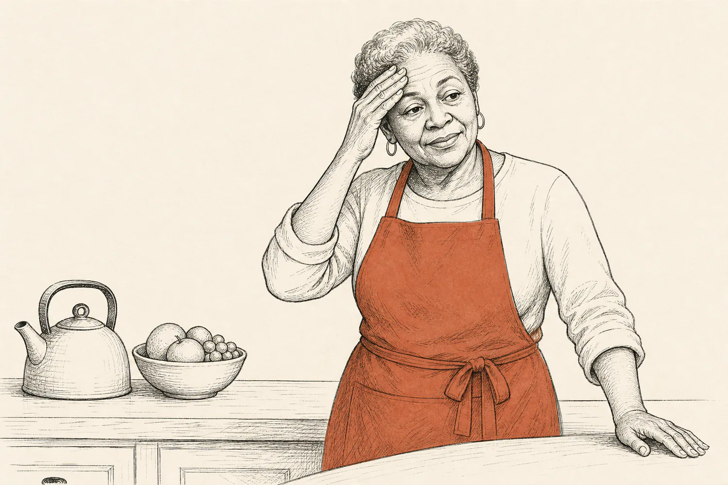 An older woman in a terracotta apron pauses with one hand at her forehead in a kitchen.