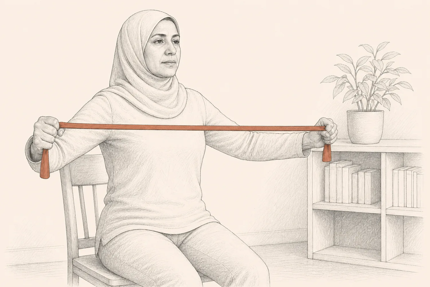 A seated woman holds a terracotta resistance band taut during a controlled strength exercise at home.