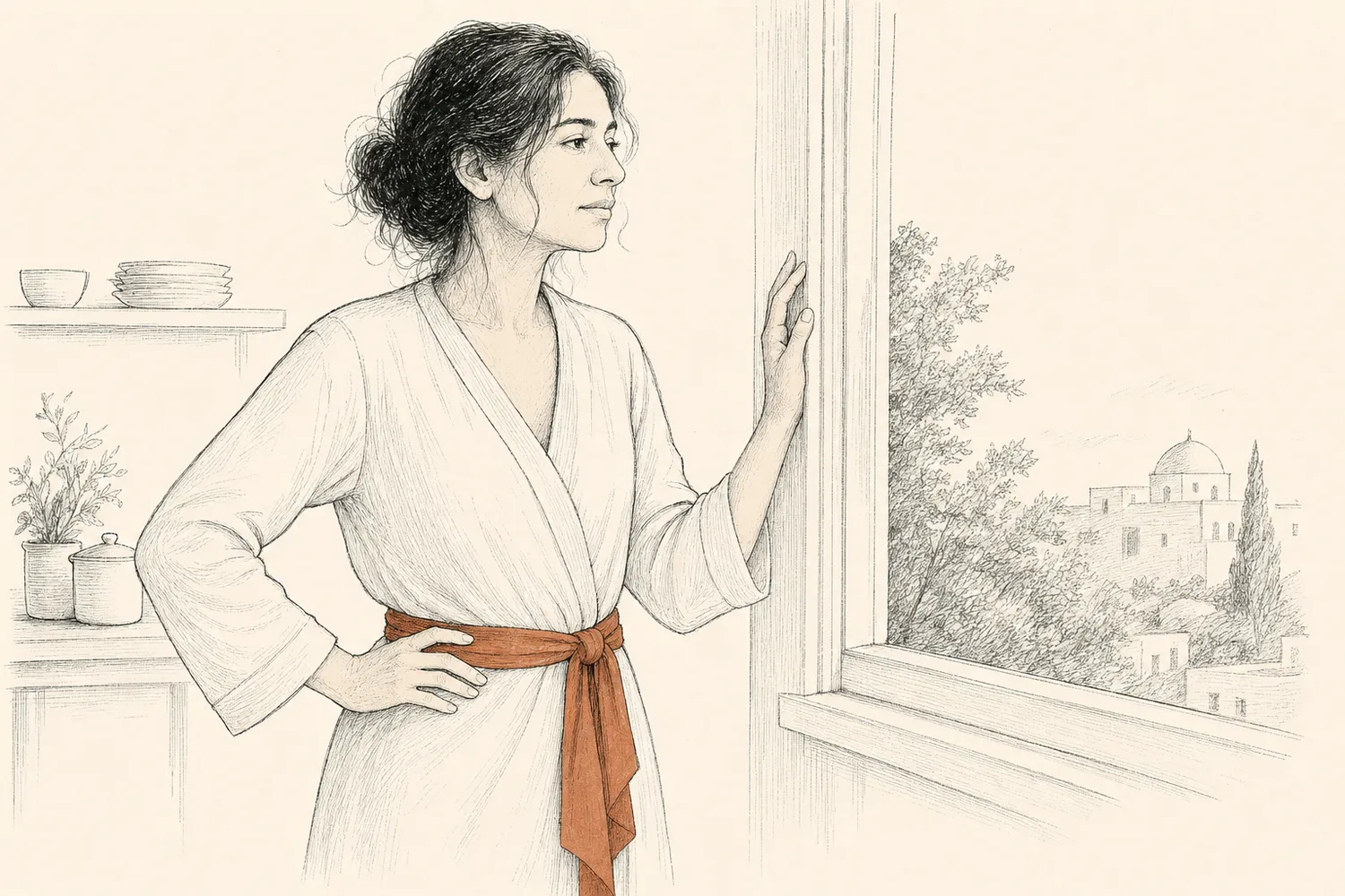 A woman stands thoughtfully at a window with one hand on her hip and a terracotta sash at her waist.