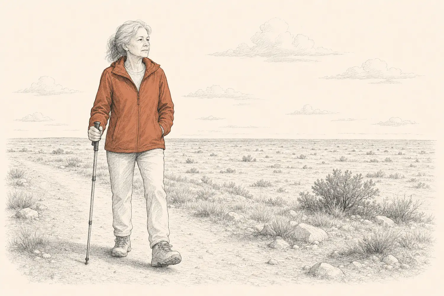 An older woman pauses with a walking pole on a broad, flat high trail and looks steadily ahead.
