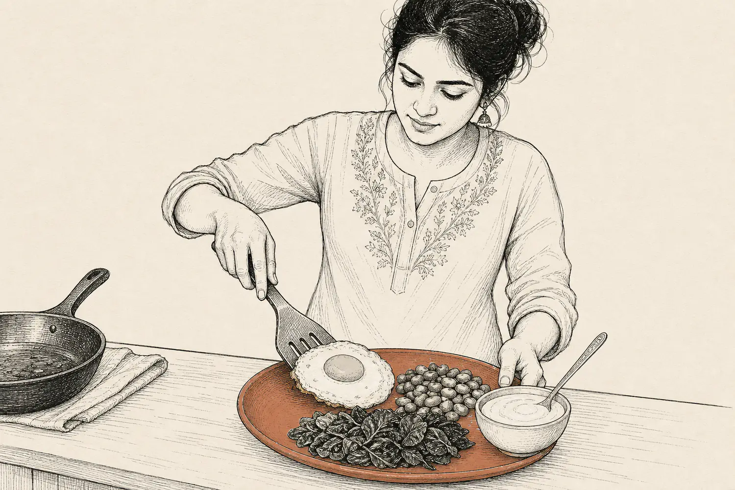 A woman assembles a terracotta plate with an egg, beans, leafy greens, and a bowl of yogurt.