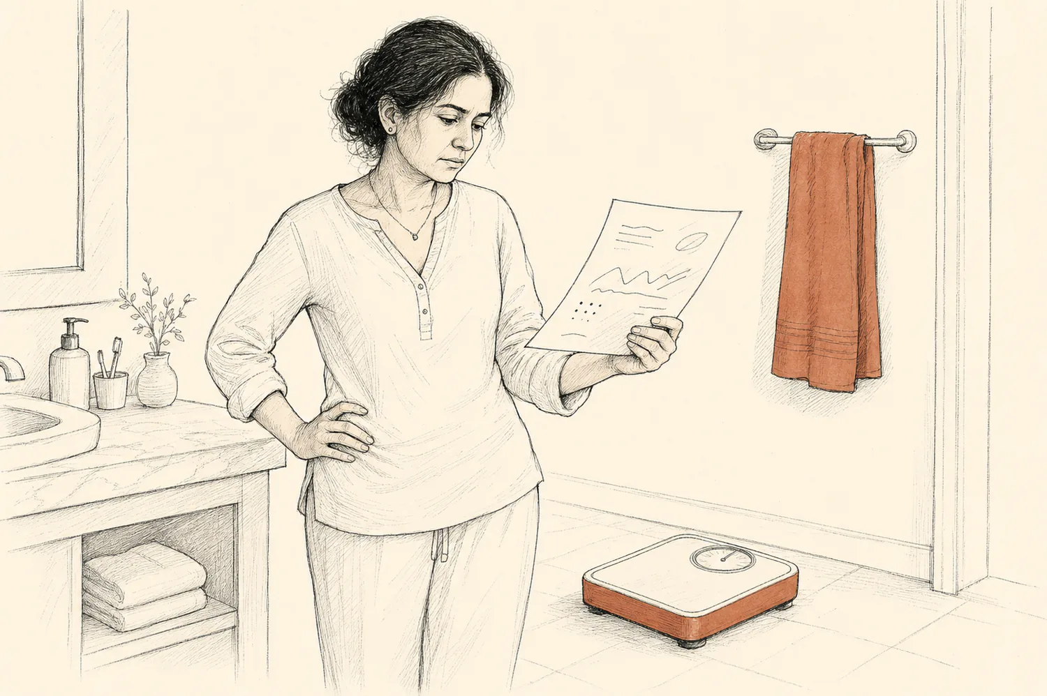 A woman considers a results printout while a bathroom scale sits nearby.