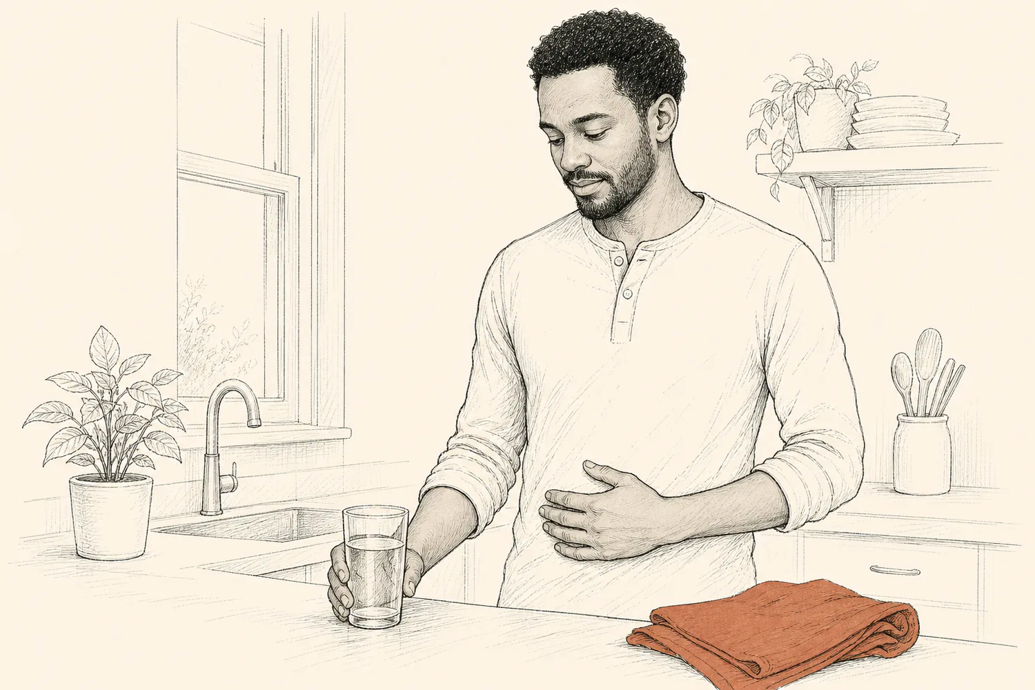 A man pauses at a kitchen counter with one hand on his stomach beside a glass of water.