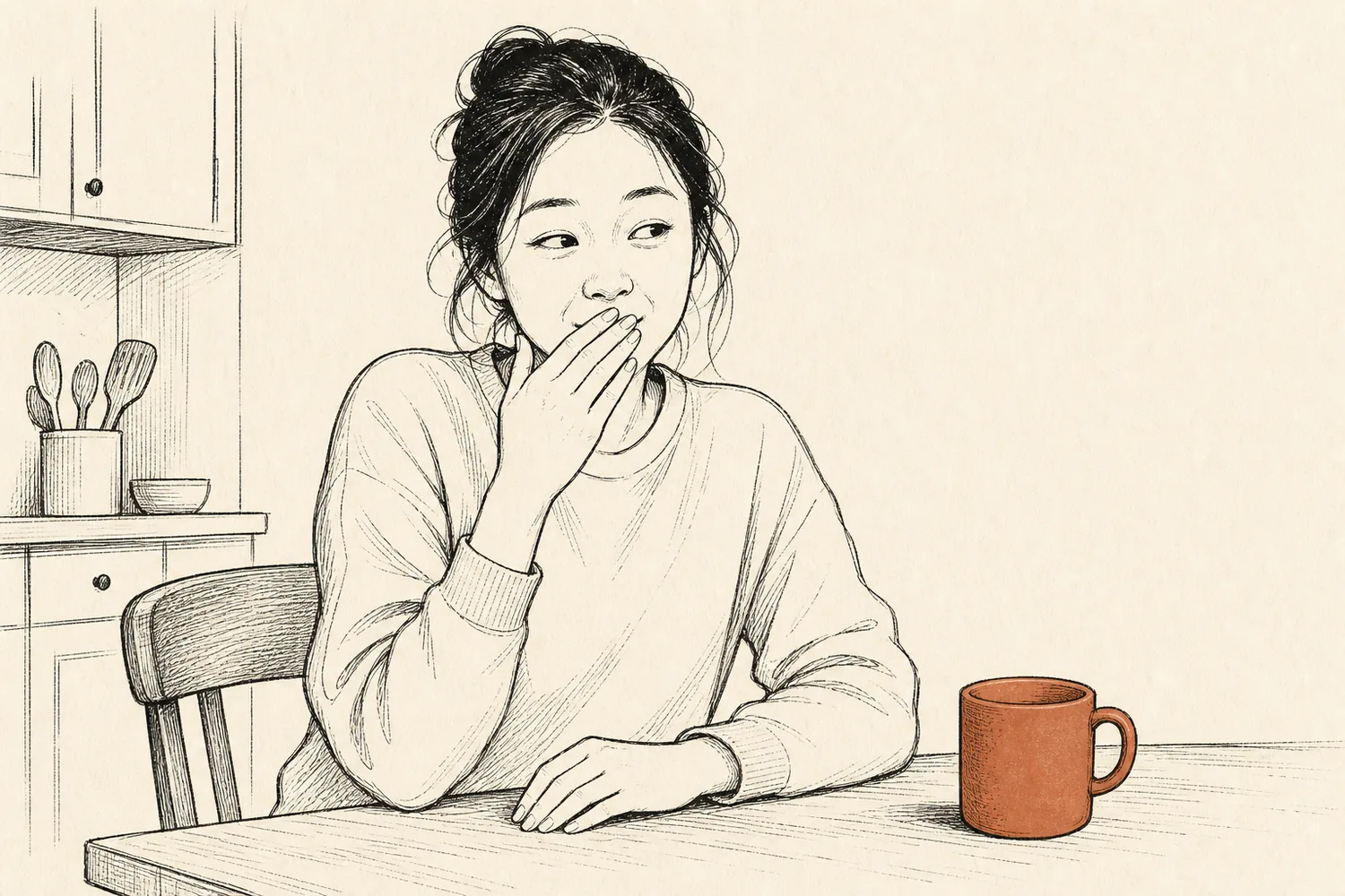 A woman discreetly covers her mouth at a kitchen table beside a terracotta mug.
