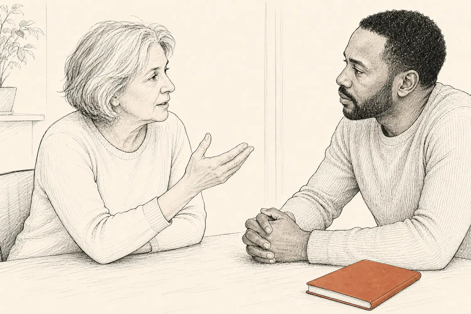 An older woman speaks across a desk with a clinician who leans forward to listen.