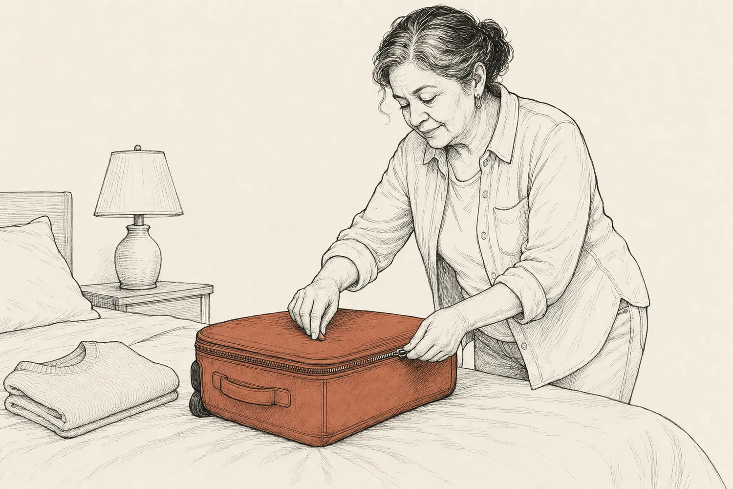 An older woman calmly zips a terracotta carry-on bag on a bed.