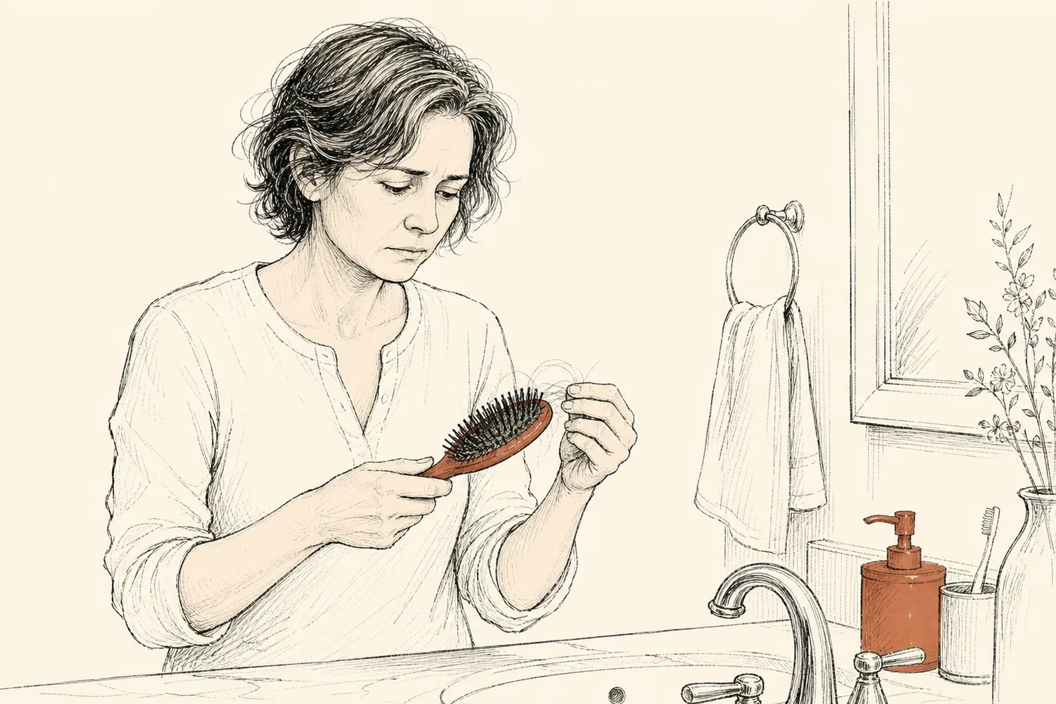 A woman notices a few strands in her hairbrush while standing at a bathroom sink.