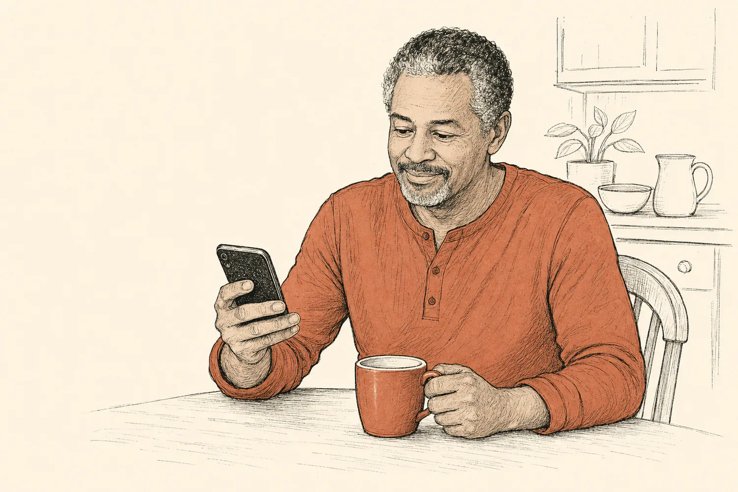 A man at a kitchen table looking at his phone with a calm, curious expression beside a cup of tea