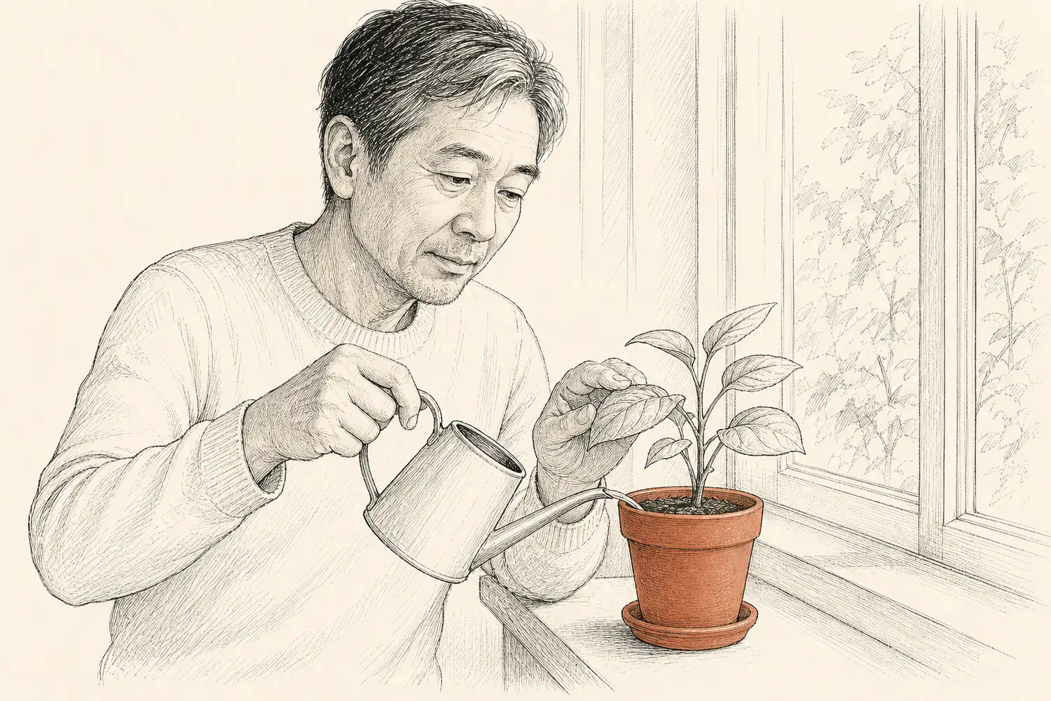 An older man gently waters a small plant in a terracotta pot on a sunny windowsill.