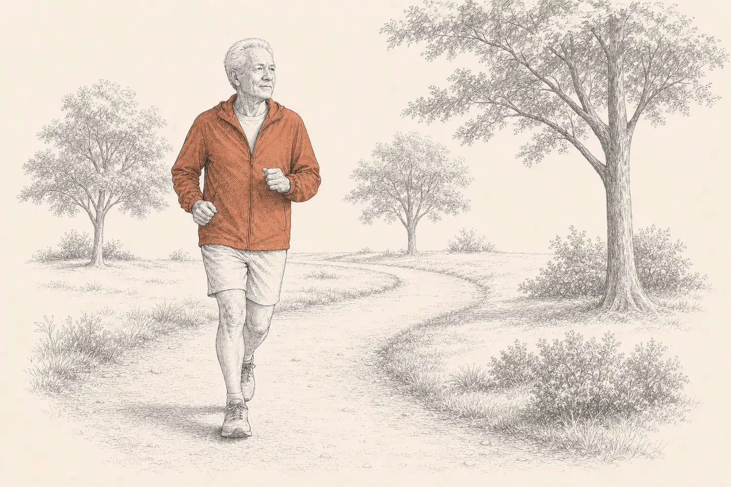 An older man jogs steadily along a curving path through a leafy park in a terracotta jacket.