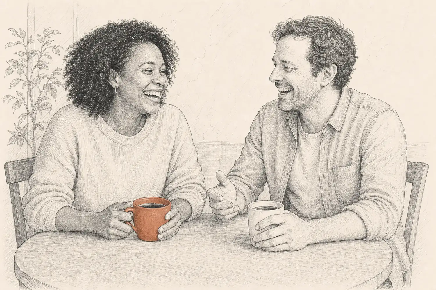 Two friends share a laugh over coffee at a cafe table, one holding a terracotta mug.