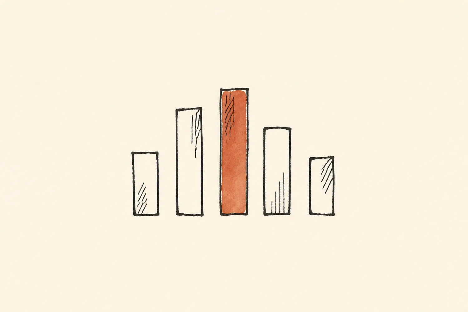 A simple hand-drawn cluster of five data bars with one terracotta bar.