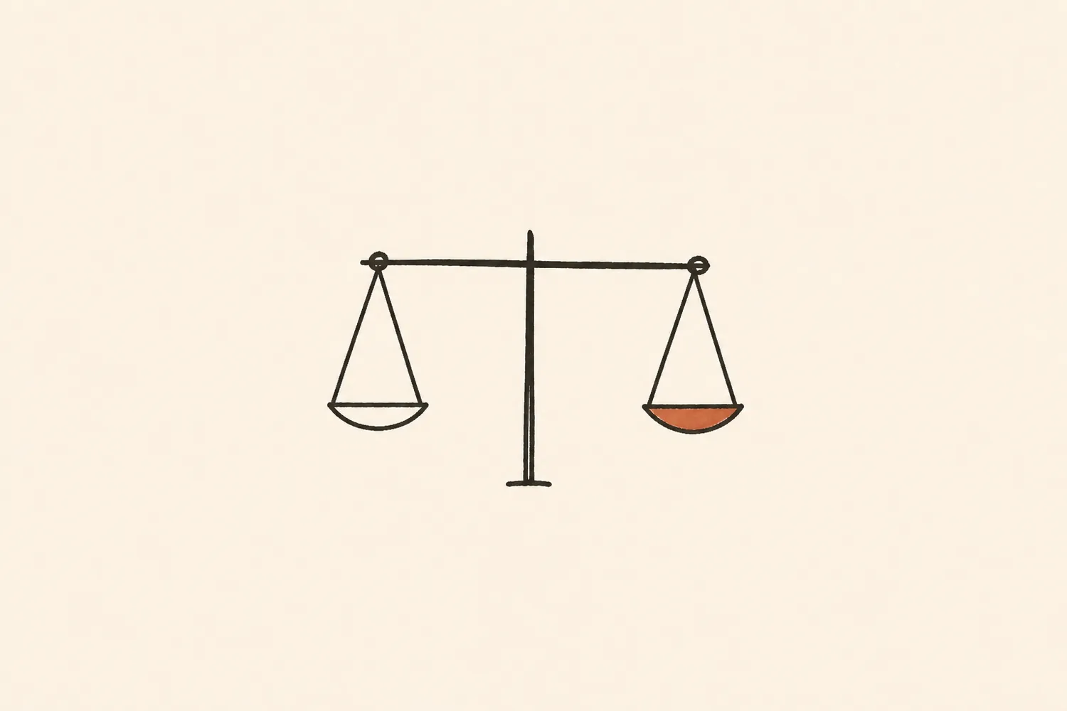 A simple hand-drawn balance scale with one terracotta pan.