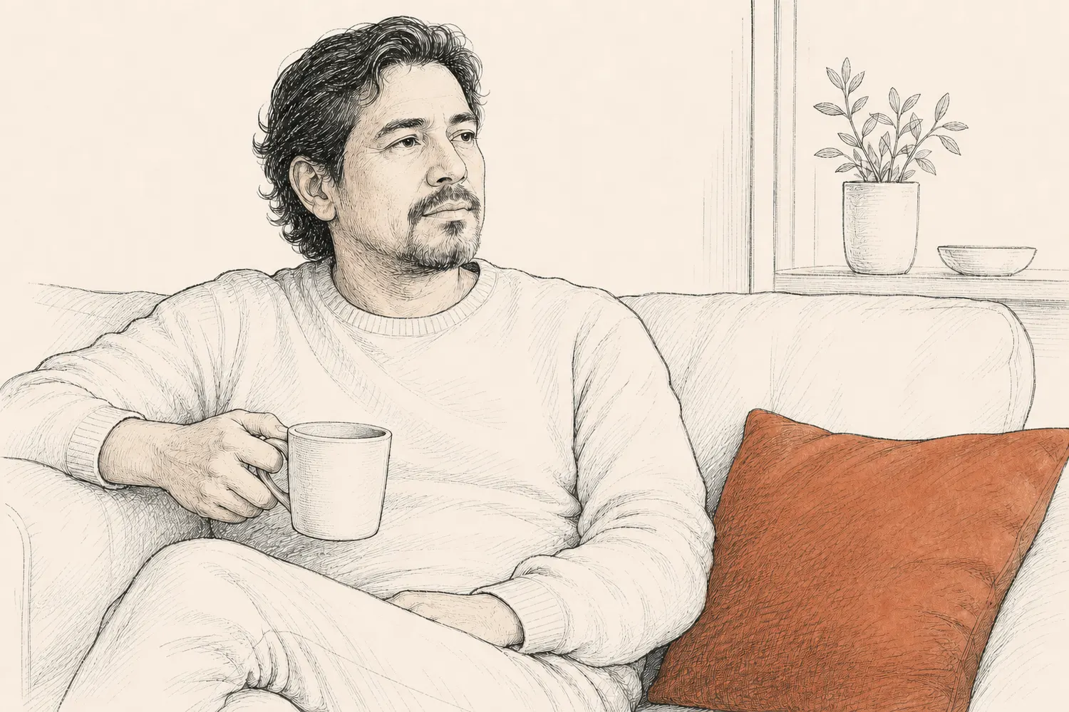 A man relaxes on a sofa holding a mug beside a terracotta cushion.