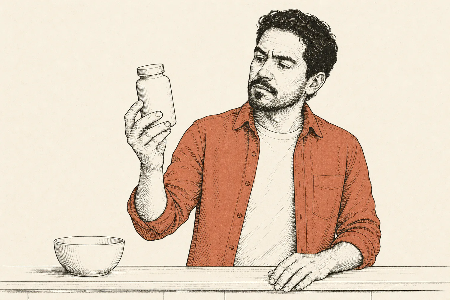 A man in a terracotta overshirt skeptically examines a closed unlabeled bottle at a kitchen counter.