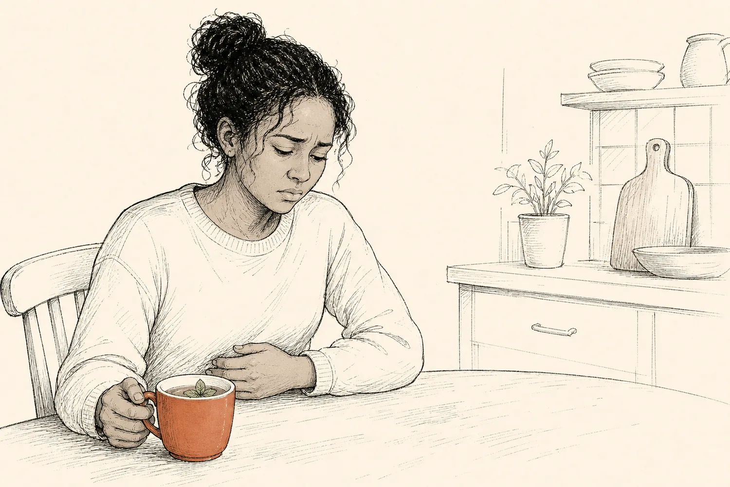 A young Black woman sits at a kitchen table with one hand on her stomach beside a mug of tea.