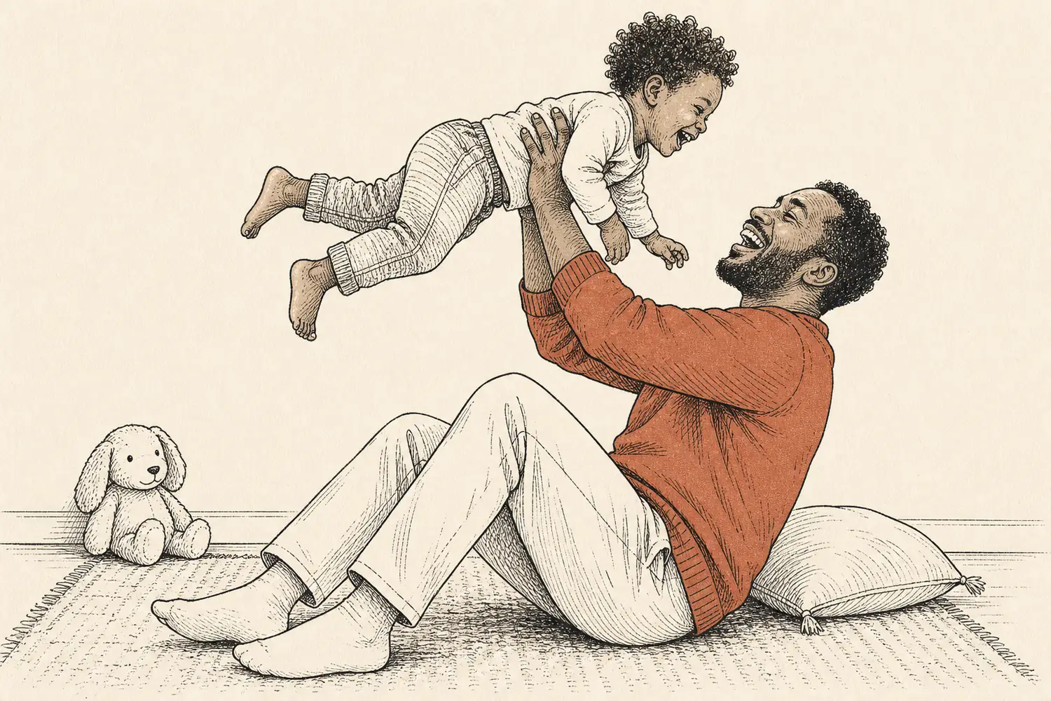 A father in a terracotta sweater joyfully lifts his young child while they play together.