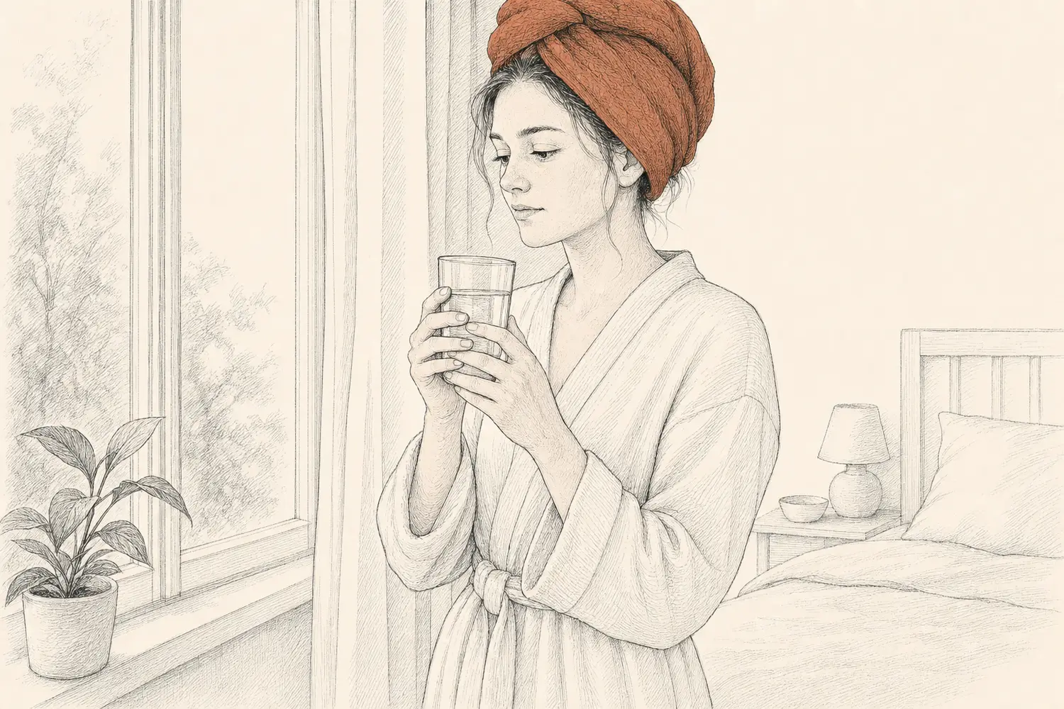 A woman holds a clear glass of water with both hands beside a sunlit bedroom window.