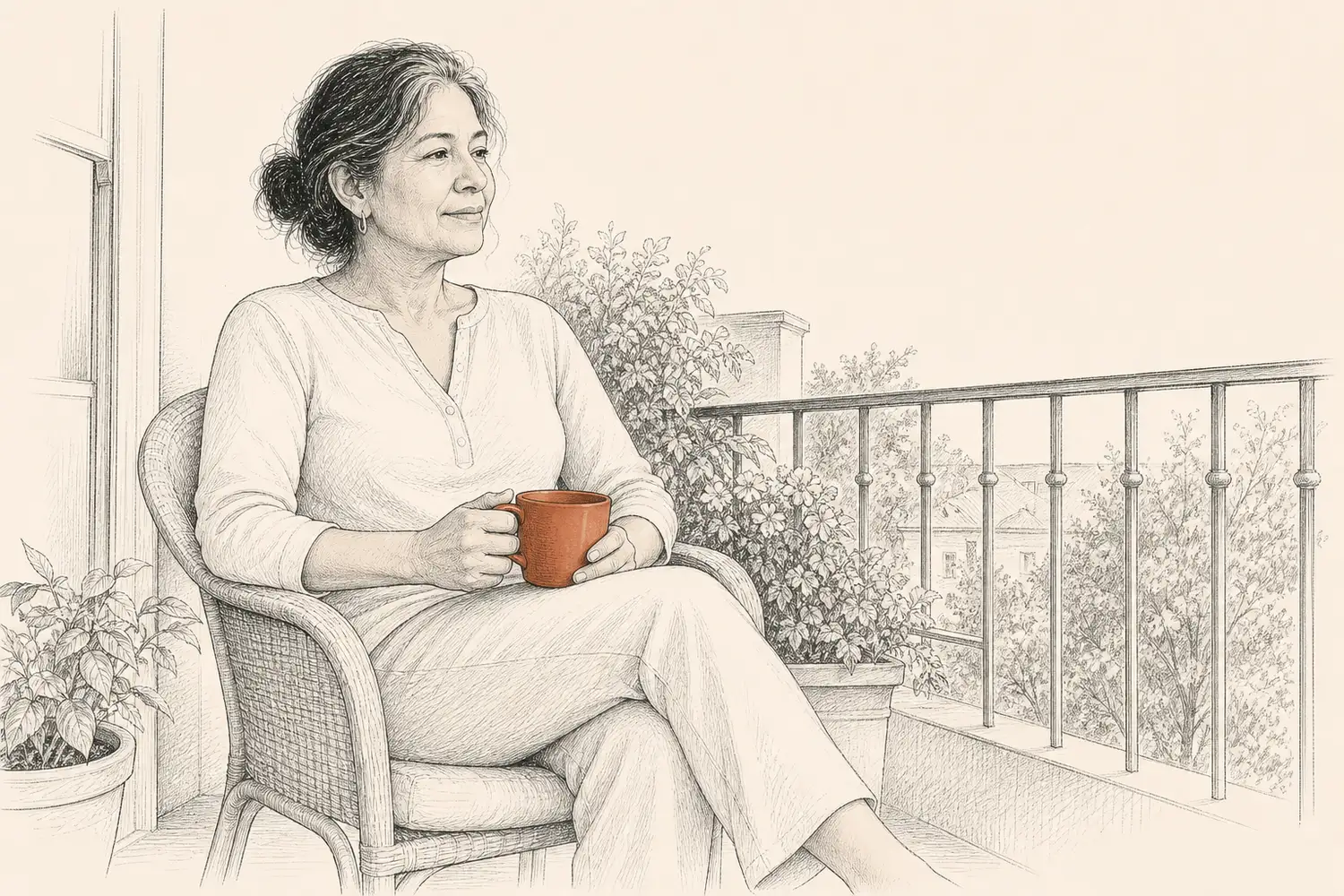 A woman relaxes on a balcony with a terracotta coffee mug resting near her lap.
