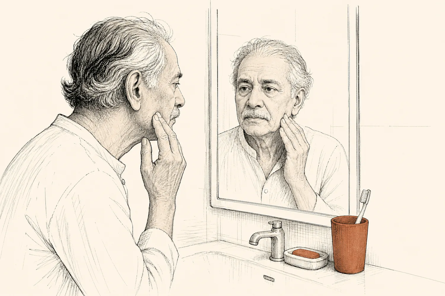 An older man lightly touches his cheek while studying his reflection in a bathroom mirror.