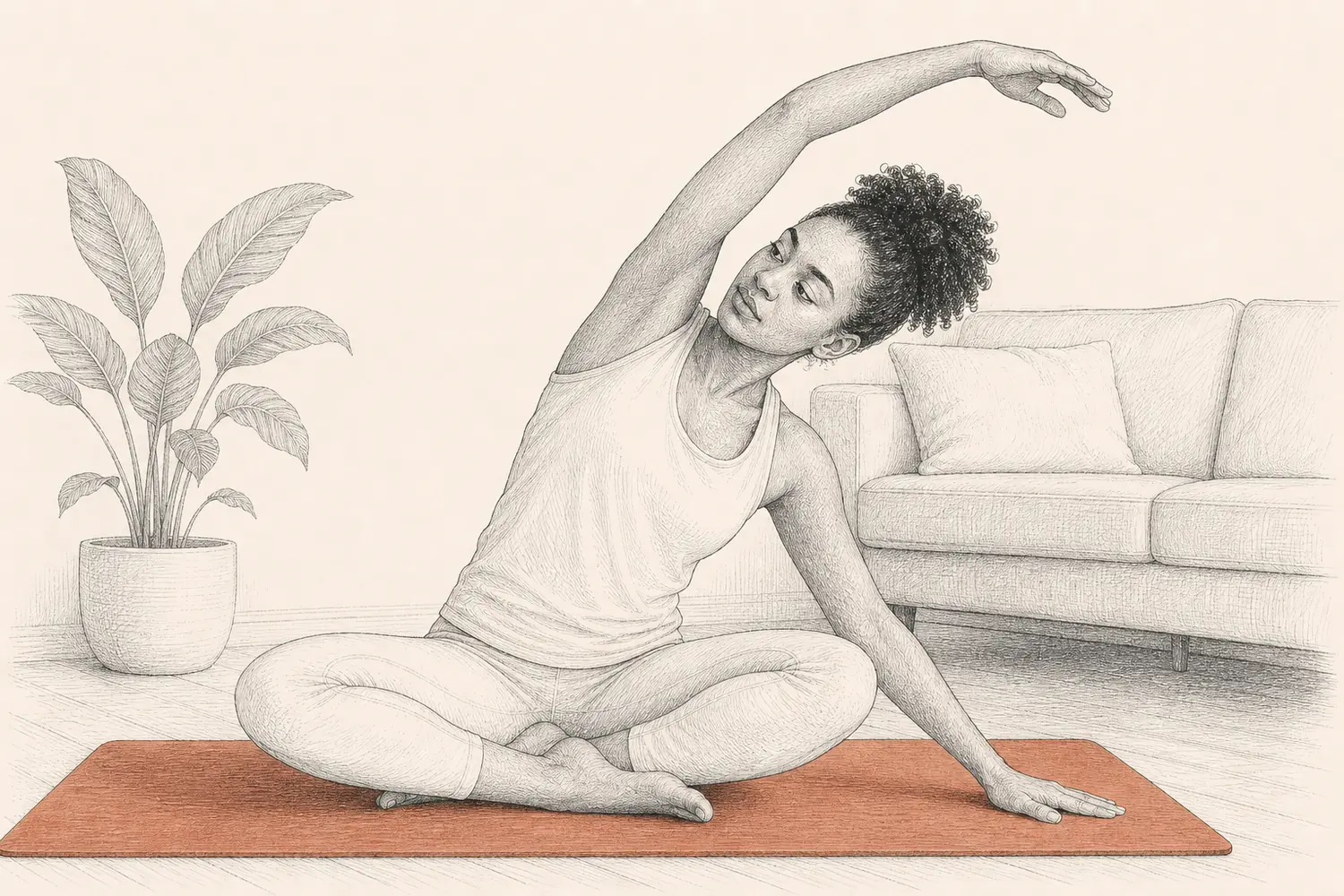 A woman performs a gentle seated side stretch on a terracotta yoga mat in her living room.
