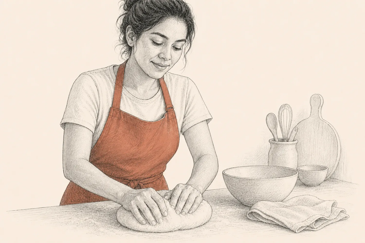 A woman calmly kneads bread dough at a kitchen counter while wearing a terracotta apron.