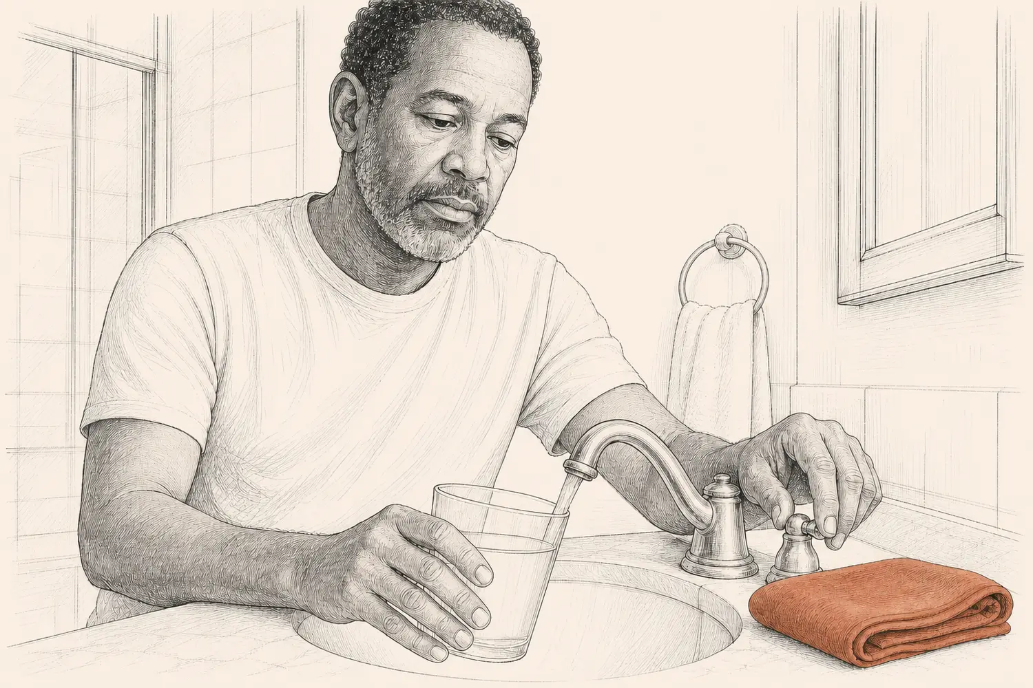 A man fills a clear glass of water at a bathroom sink beside a folded terracotta towel.